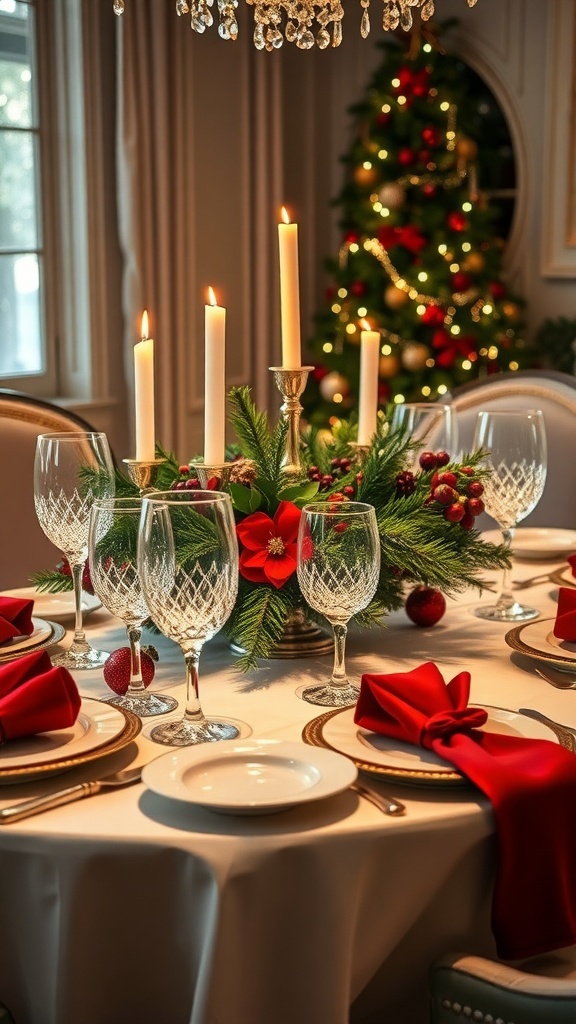 Luxury Christmas Table Decorations Ideas Luxury Christmas table setting with fine china, crystal glassware, and festive decorations.